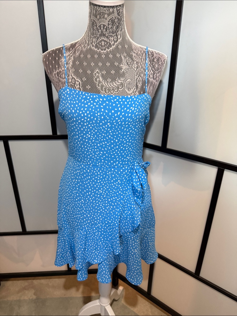 Blue Spotted Tie-Waist Mini Dress